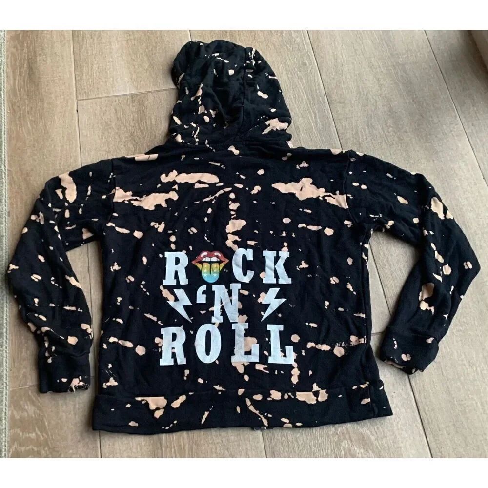 NWOT FBZ FLOWERS BY ZOE Black ROCK N’ ROLL Zip Hoodie Sweatshirt girls KIDS L 14